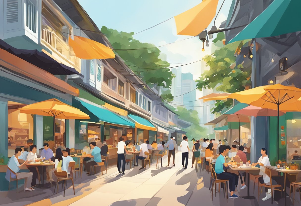 A bustling street in Singapore with colorful restaurant signs and people dining al fresco