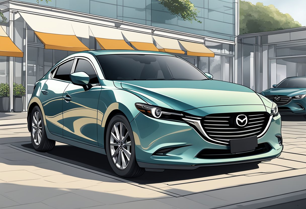 A Mazda car parked in front of a Singaporean dealership, with a price tag and ownership documents displayed