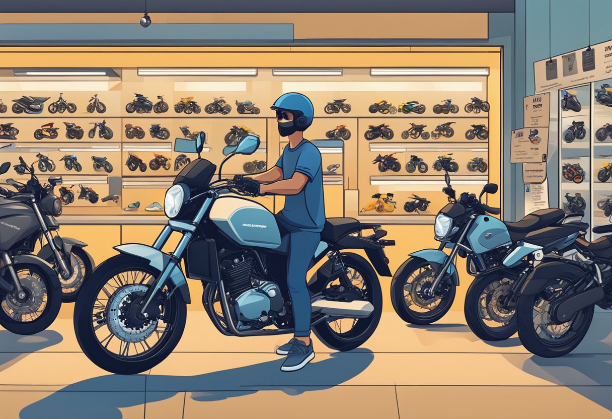 A customer browsing different motorbike rental options in a shop in Singapore. Displayed motorcycles with price tags and rental terms