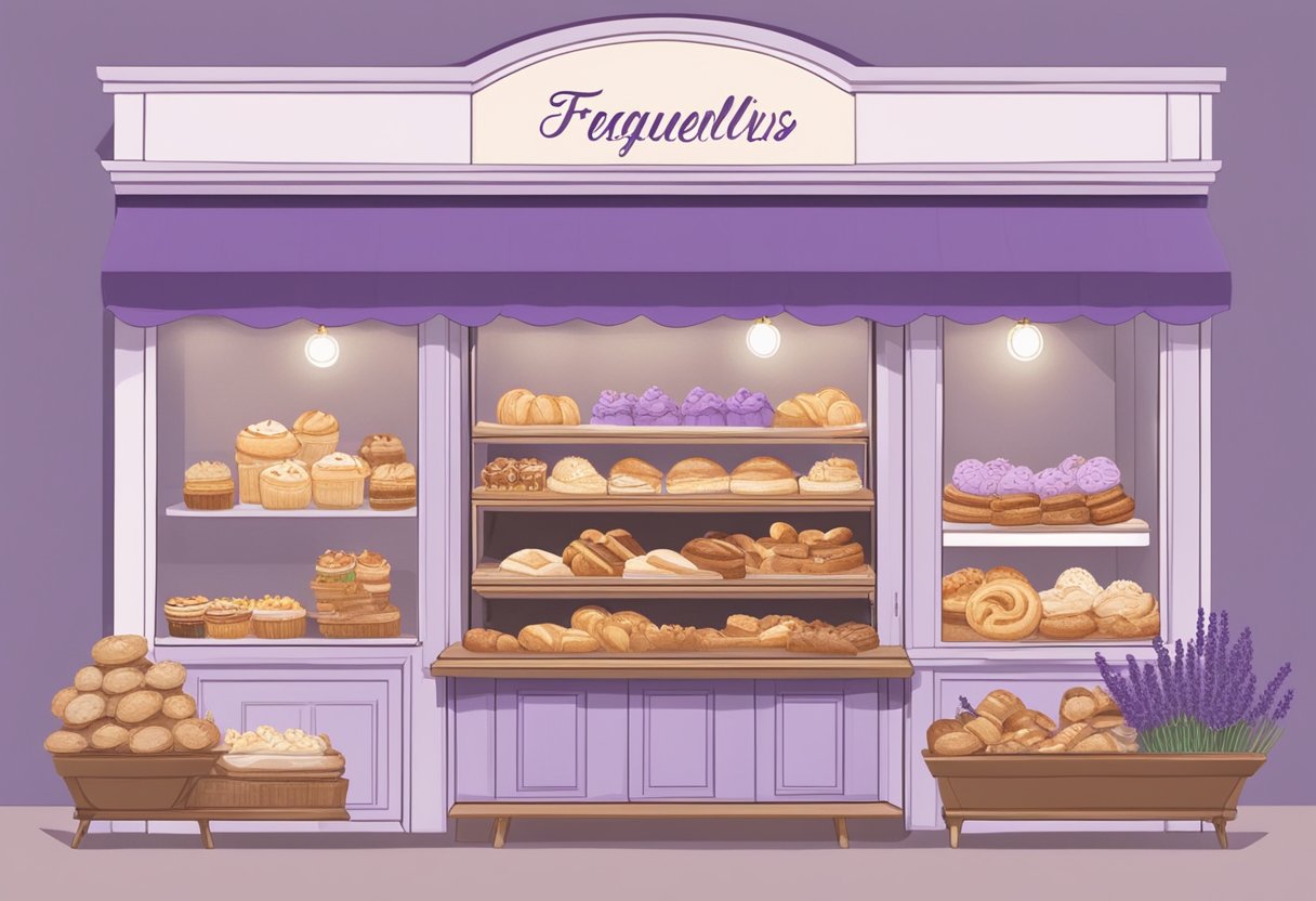 A lavender bakery in Singapore, with a display of various baked goods and a sign reading "Frequently Asked Questions" in elegant script