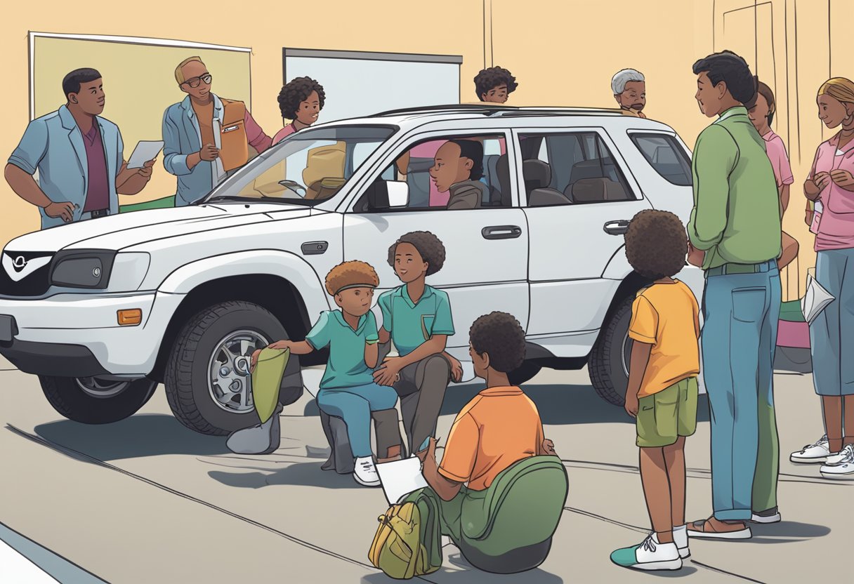 A group of people gathered around a Mazda car, with a sign reading "Frequently Asked Questions" in the background