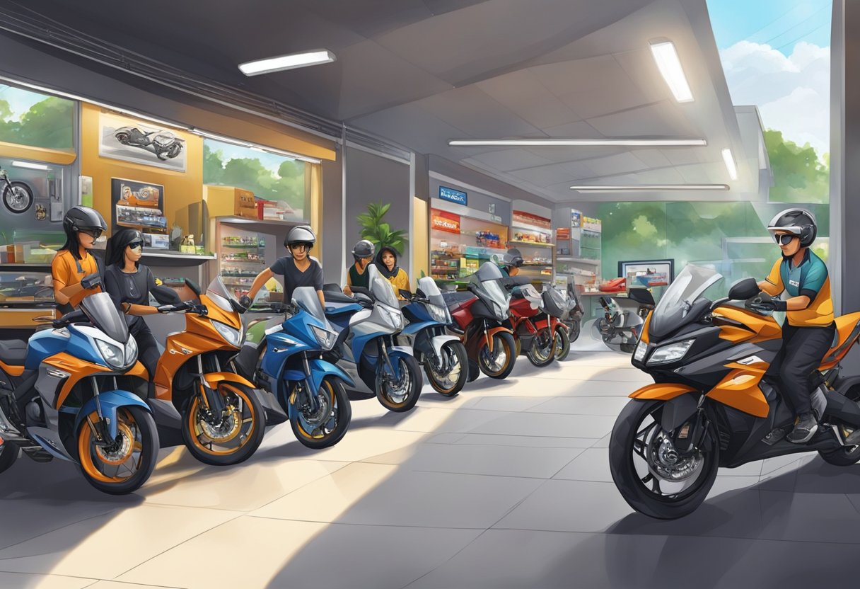 A motorbike rental shop in Singapore offers additional services and customer care, with staff assisting customers and maintaining the bikes