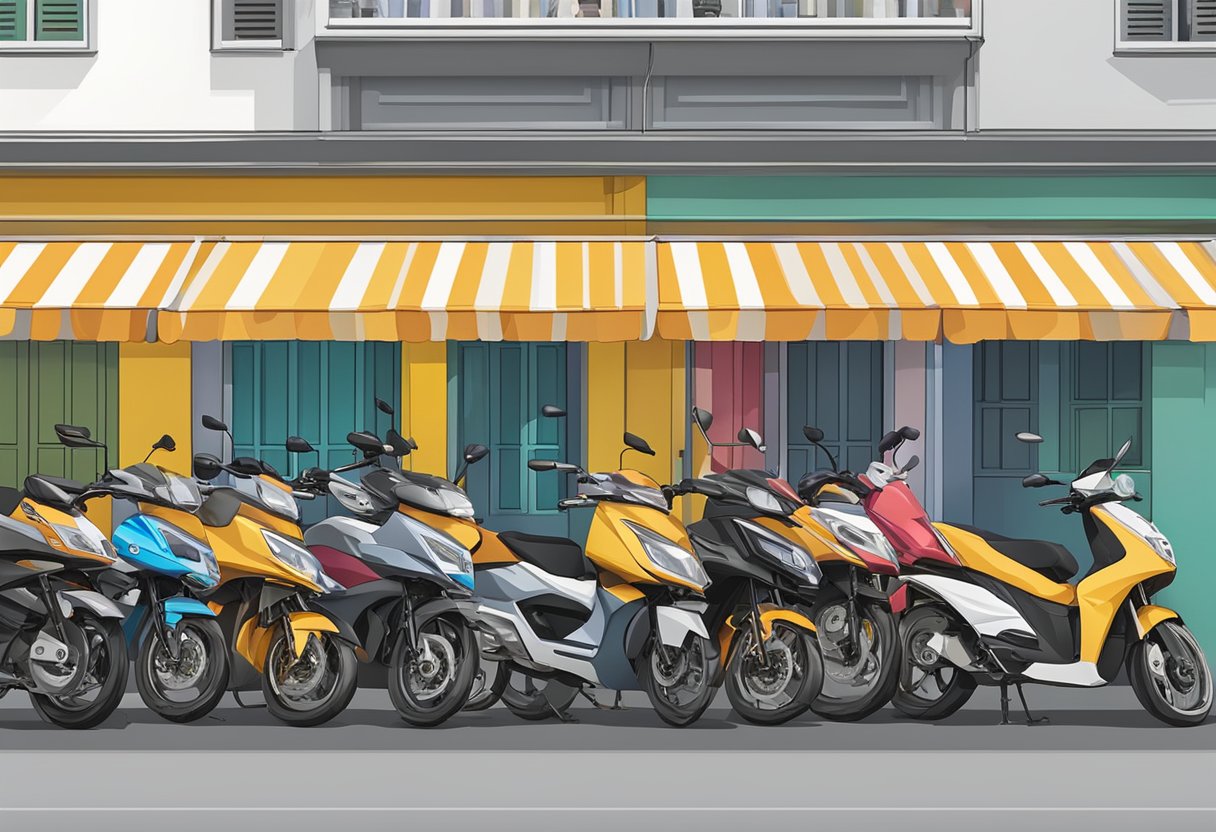 A row of colorful motorbikes lined up outside a rental shop in Singapore, with a sign displaying "Frequently Asked Questions" prominently