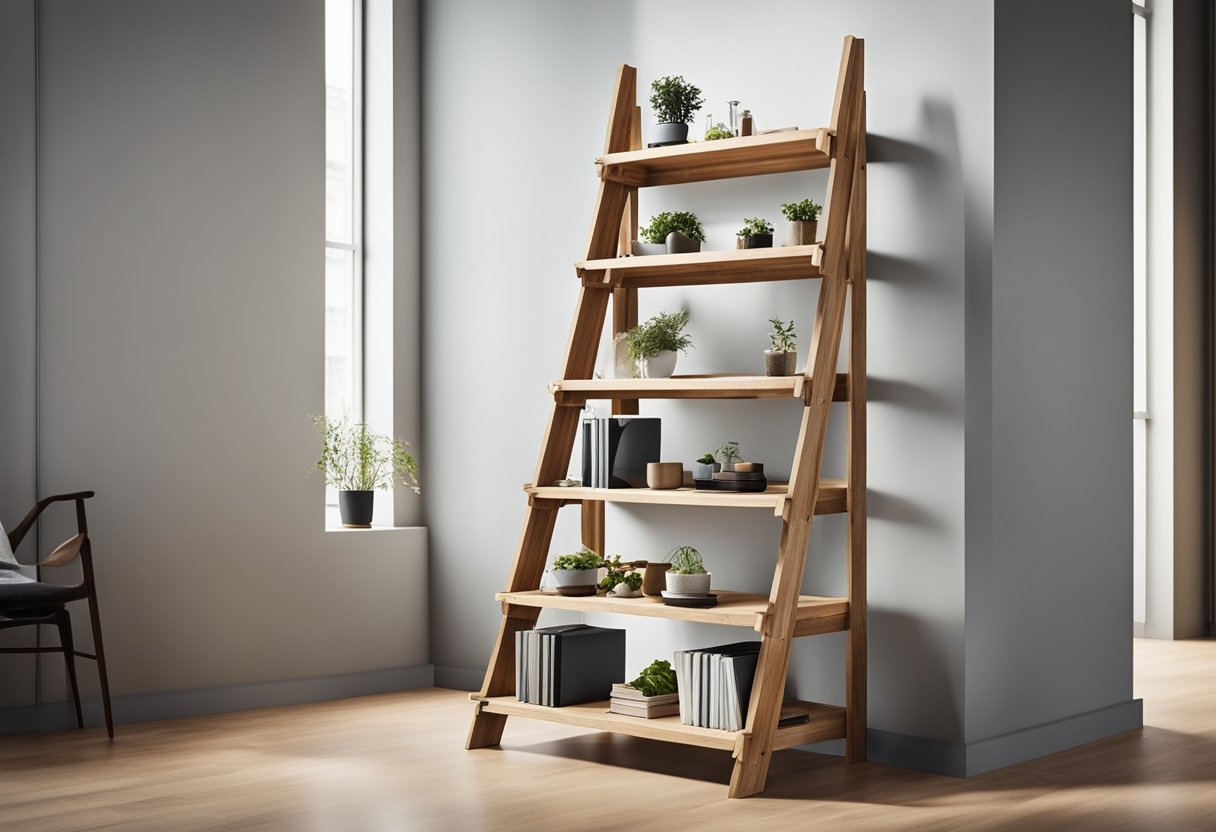 A-Frame ladder shelf: wood planks, screws, drill, level. Assemble two A-frames, attach shelves. Sturdy, stylish storage solution