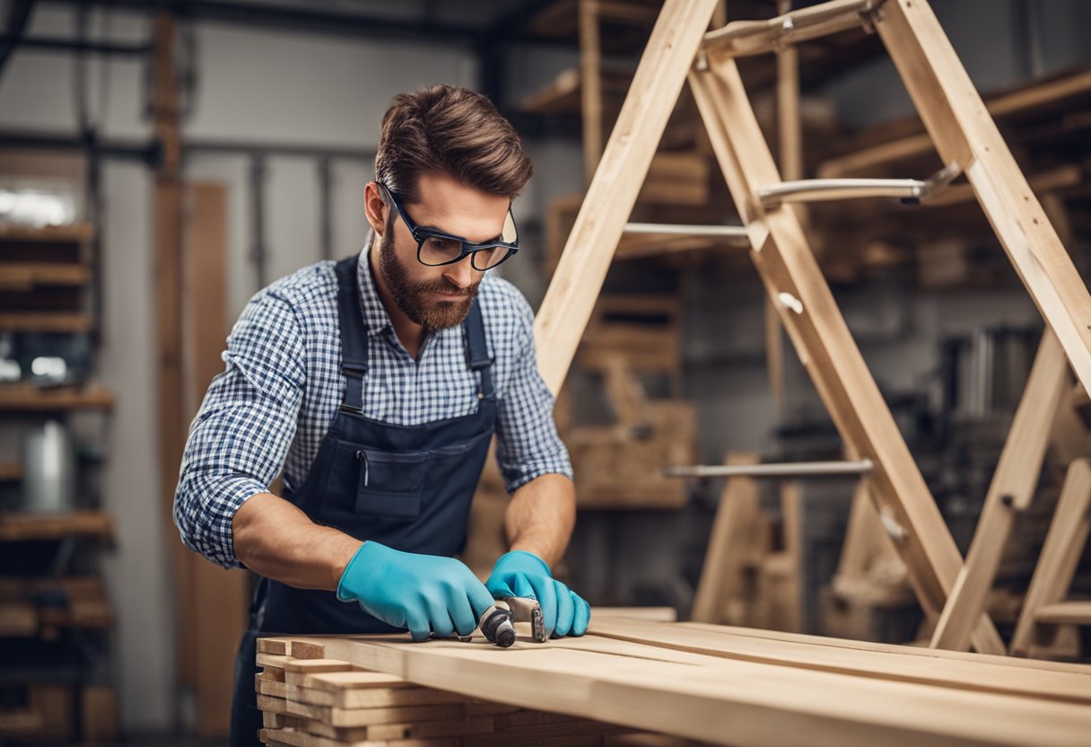 A person wearing safety goggles and gloves assembles wooden planks into an A-frame ladder shelf, using a drill and level for precise construction