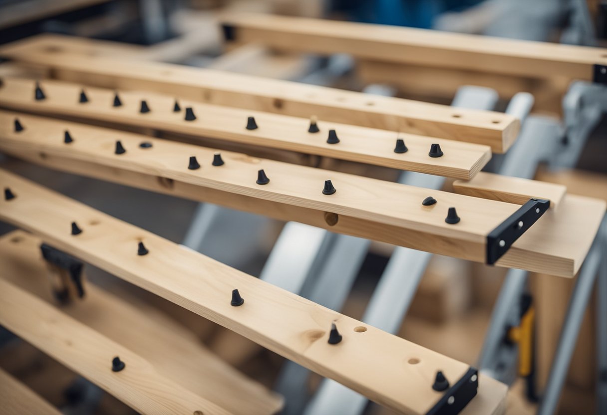 A-Frame ladder shelf being assembled with wood and screws for DIY storage