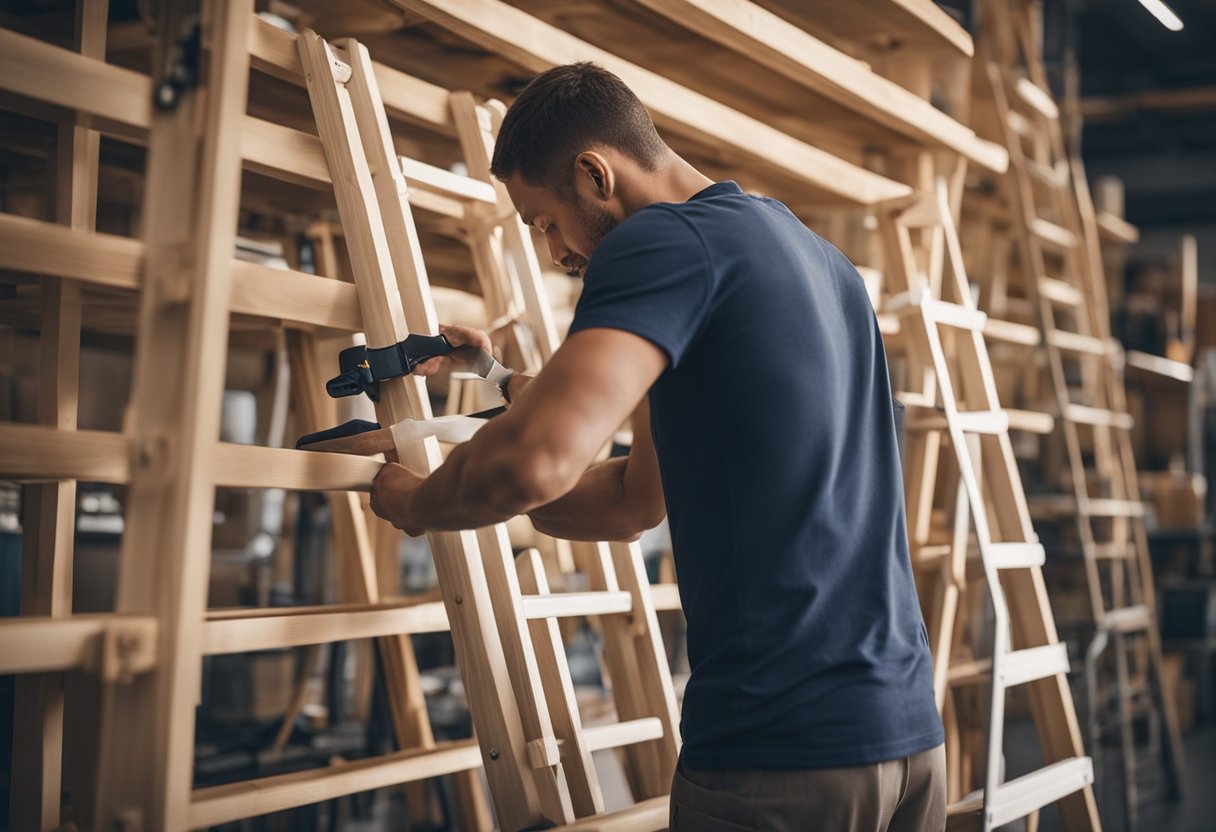 A person assembles an A-frame ladder shelf, placing shelves at equal intervals, using tools and wood