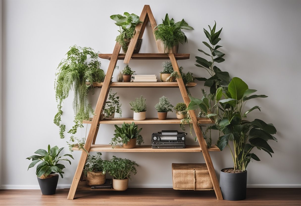 A wooden A-frame ladder shelf stands against a white wall, adorned with potted plants, books, and decorative items. It exudes a stylish and functional DIY storage solution