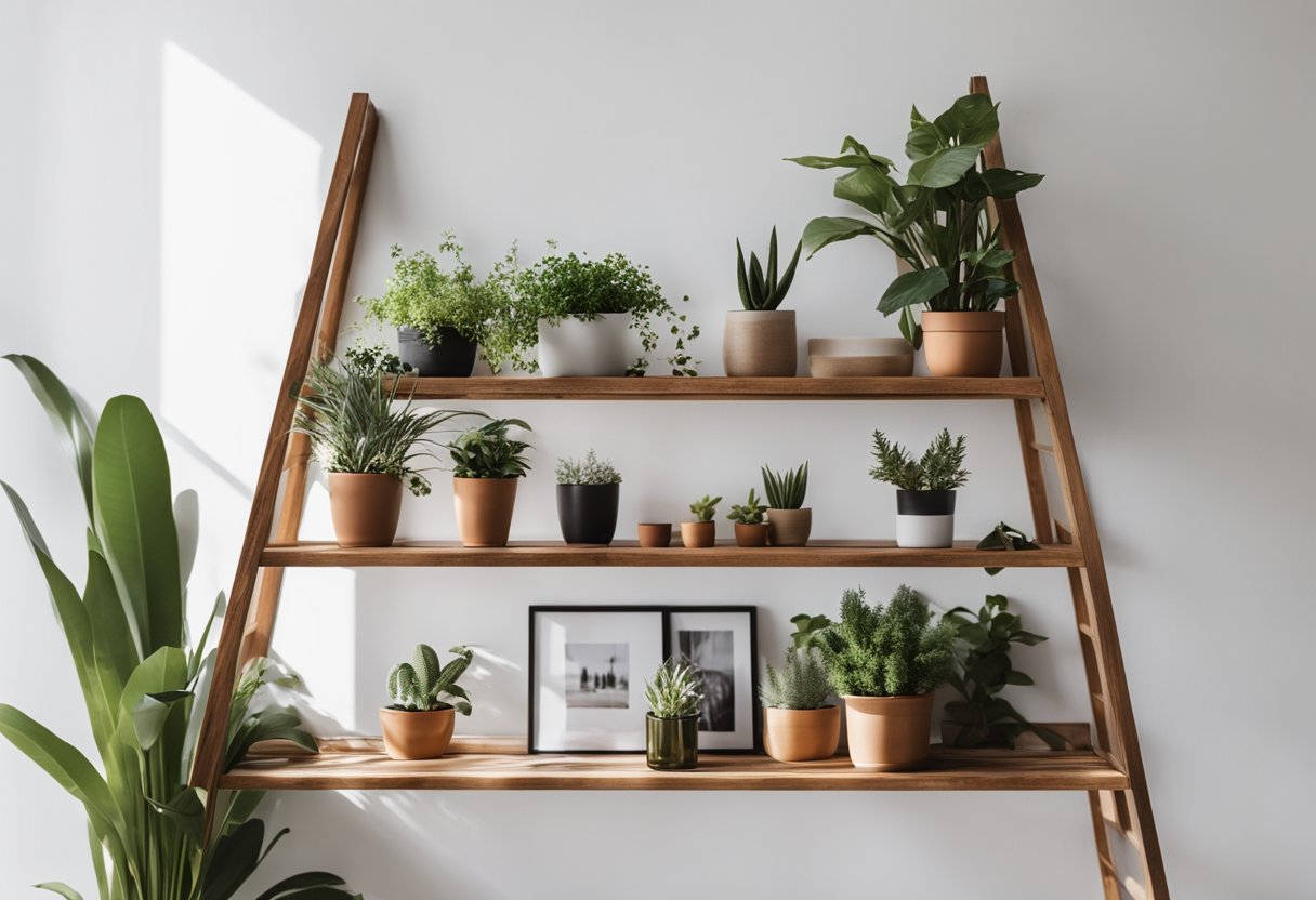 A wooden A-frame ladder shelf stands against a white wall, showcasing stylish DIY storage. Decorative items and plants adorn the shelves, adding a touch of personalization to the functional piece