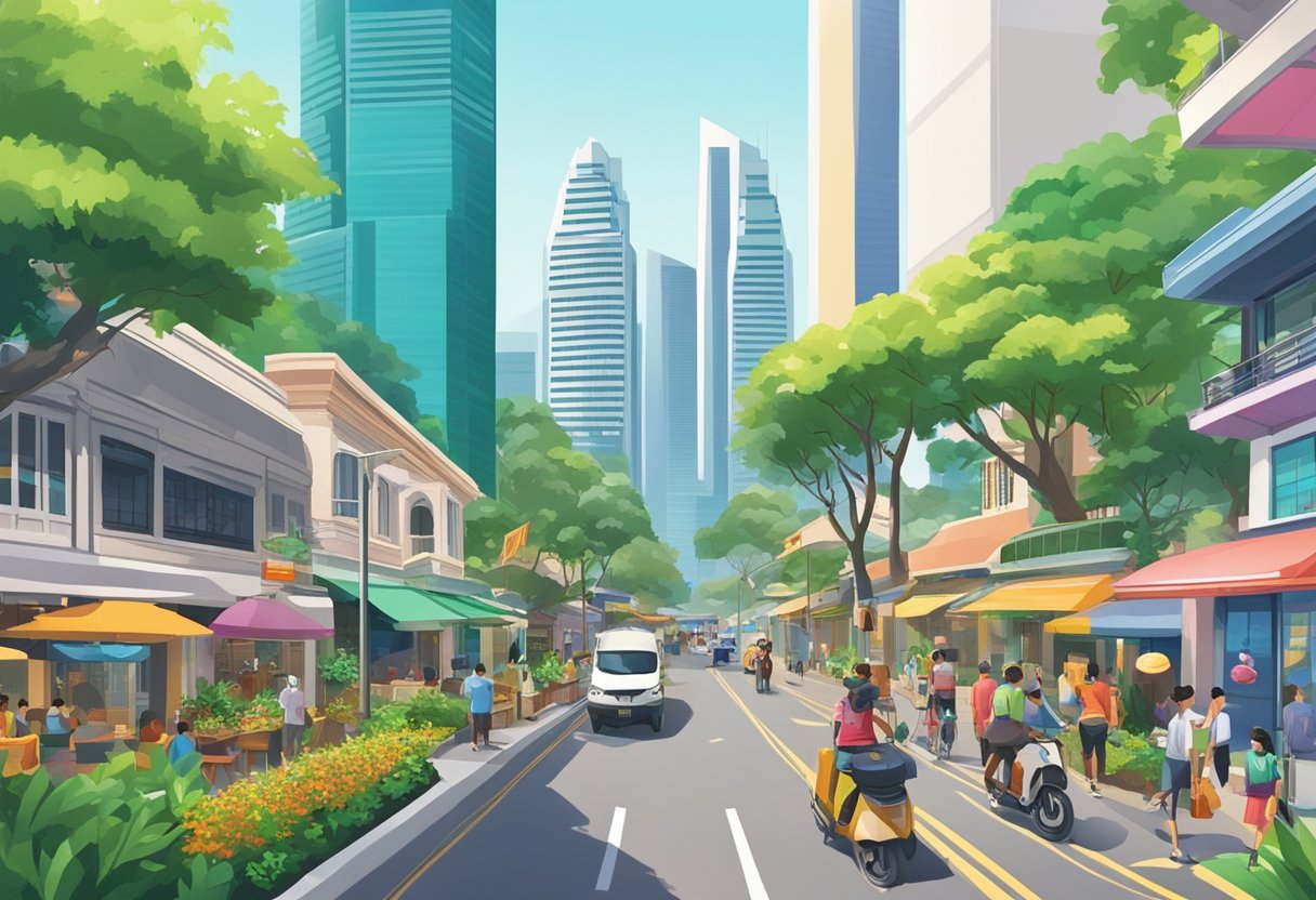 A bustling cityscape with modern skyscrapers, lush greenery, and a vibrant mix of cultures in the streets of Singapore