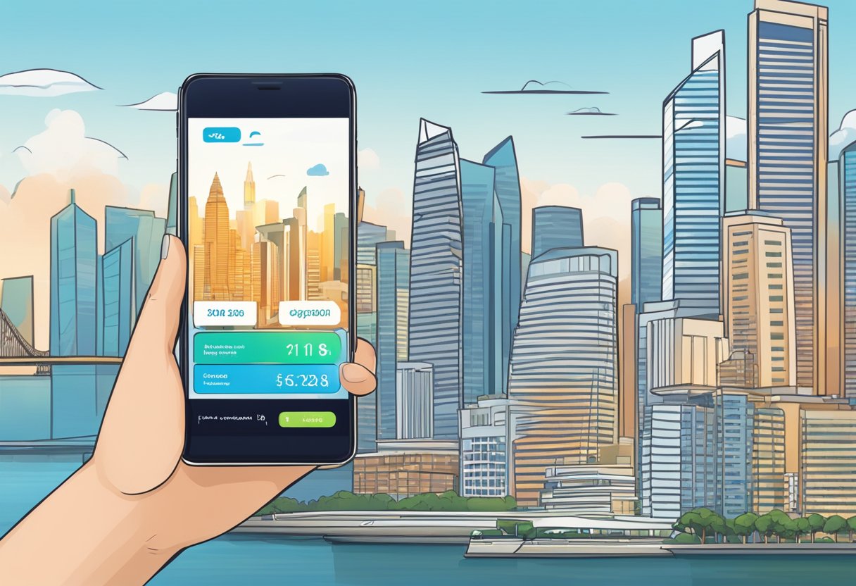 A smartphone with the PayNow Singapore app open, showing a successful payment transaction with the Singapore skyline in the background