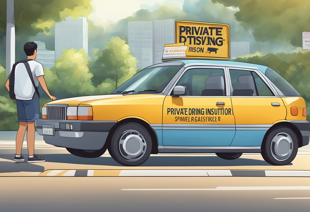 A car with a "private driving instructor Singapore" sign parked outside a driving school, with a student sitting in the driver's seat and the instructor in the passenger seat