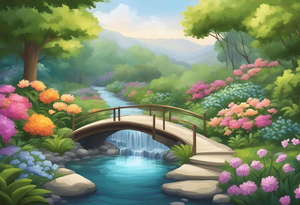 A serene garden with blooming flowers, a flowing stream, and a peaceful meditation area surrounded by lush greenery