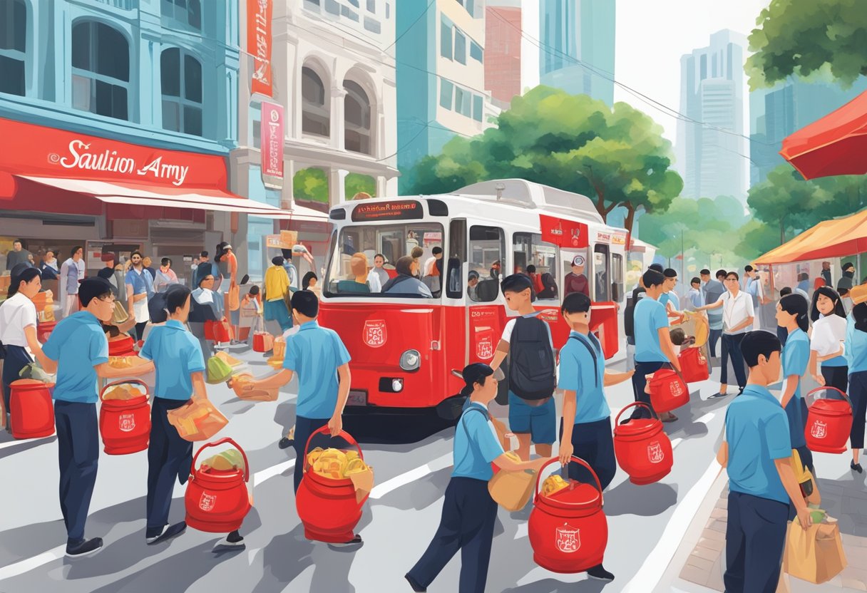 A bustling street in Singapore, with the iconic red Salvation Army kettles and volunteers collecting donations from passersby. The vibrant cityscape serves as a backdrop to the charitable scene