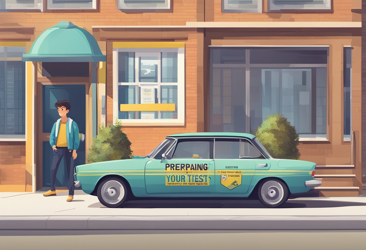 A car parked in front of a driving school with a sign that reads "Preparing for Your Driving Tests" and a student driver inside