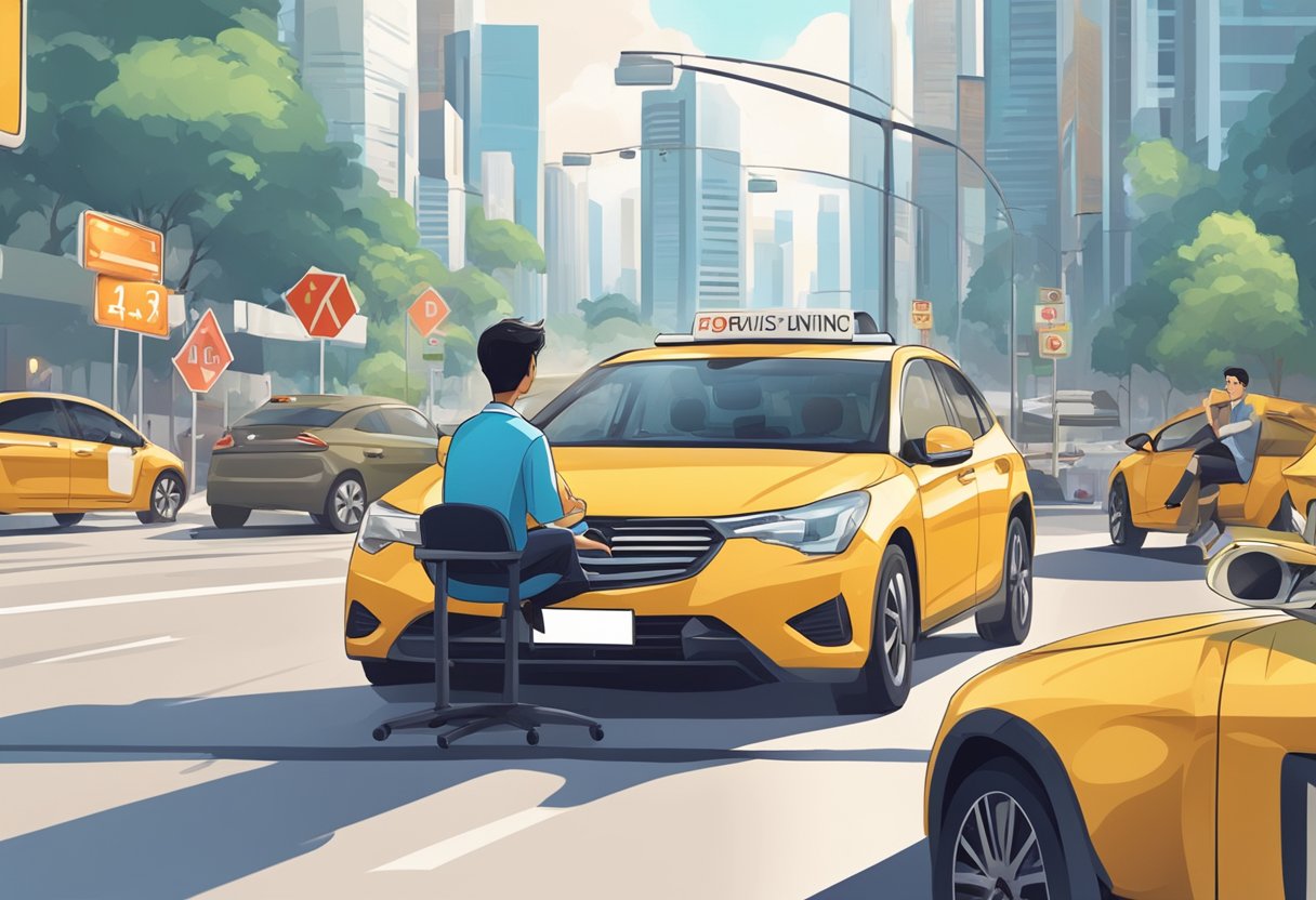 A student sits in a car, asking questions to a private driving instructor in Singapore. The instructor patiently responds, surrounded by traffic signs and a cityscape