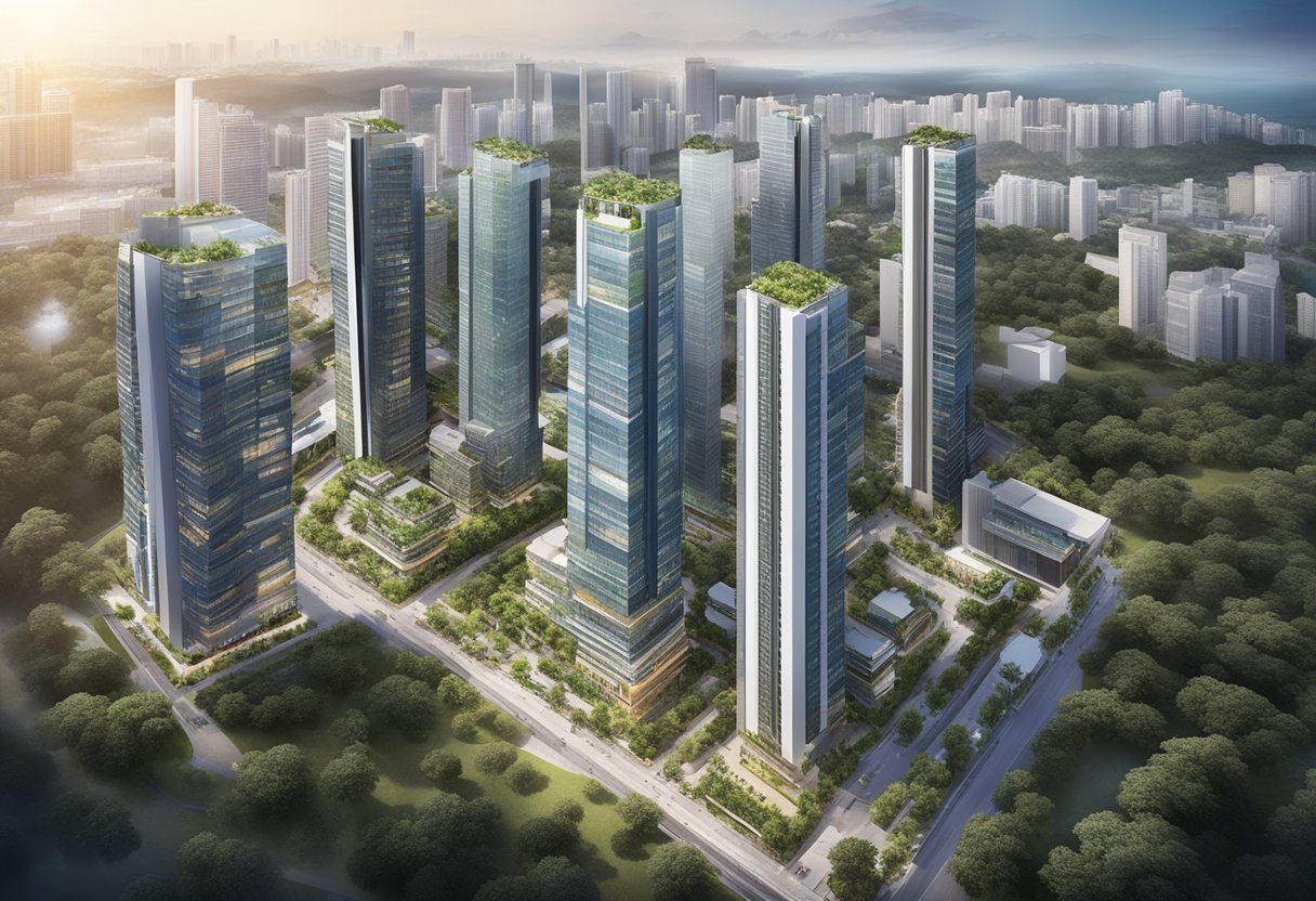 A bustling cityscape with modern skyscrapers and construction sites, showcasing the investment potential and developer information for Silat Avenue, Avenue South Residence in Singapore