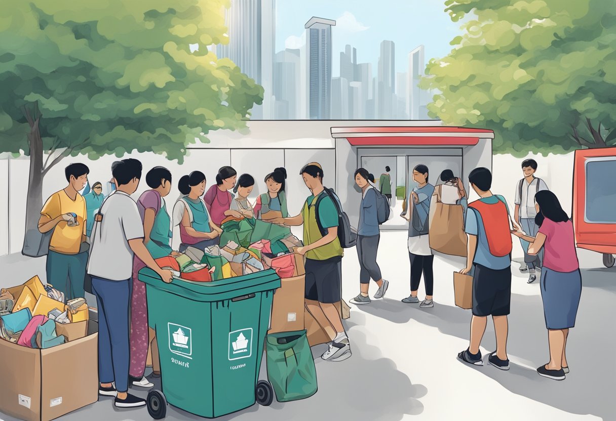 A group of people gather around donation bins, dropping off clothes and food items for the Salvation Army in Singapore. The community engagement is evident as volunteers help organize the items for distribution