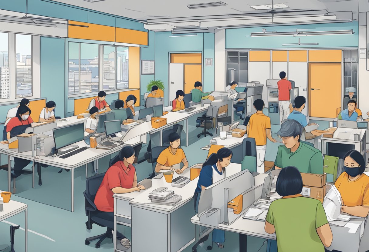 A bustling Salvation Army Singapore office with people seeking assistance and volunteers helping out