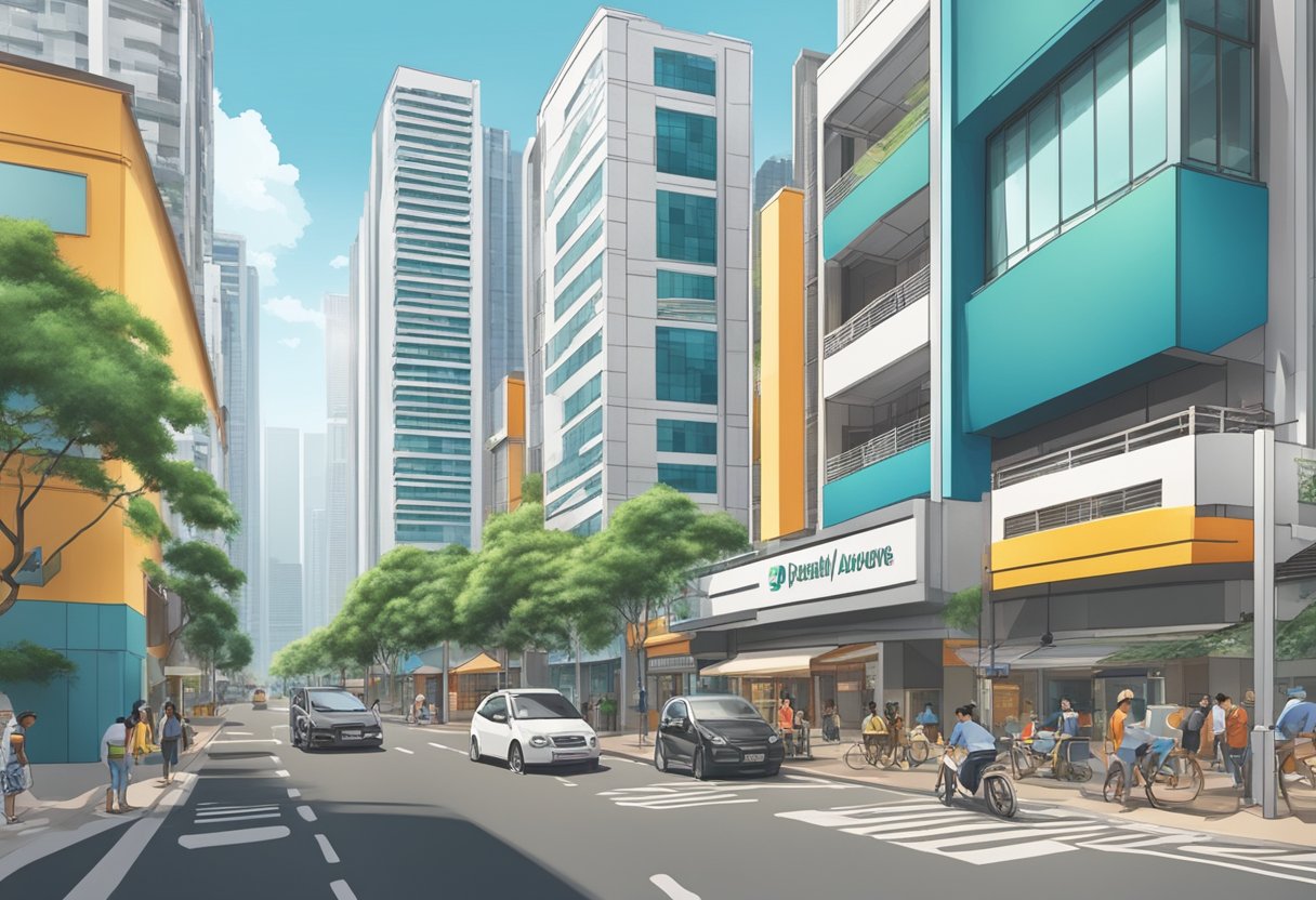 A bustling street with tall buildings and a sign reading "Frequently Asked Questions" on Silat Avenue, near Avenue South Residence in Singapore