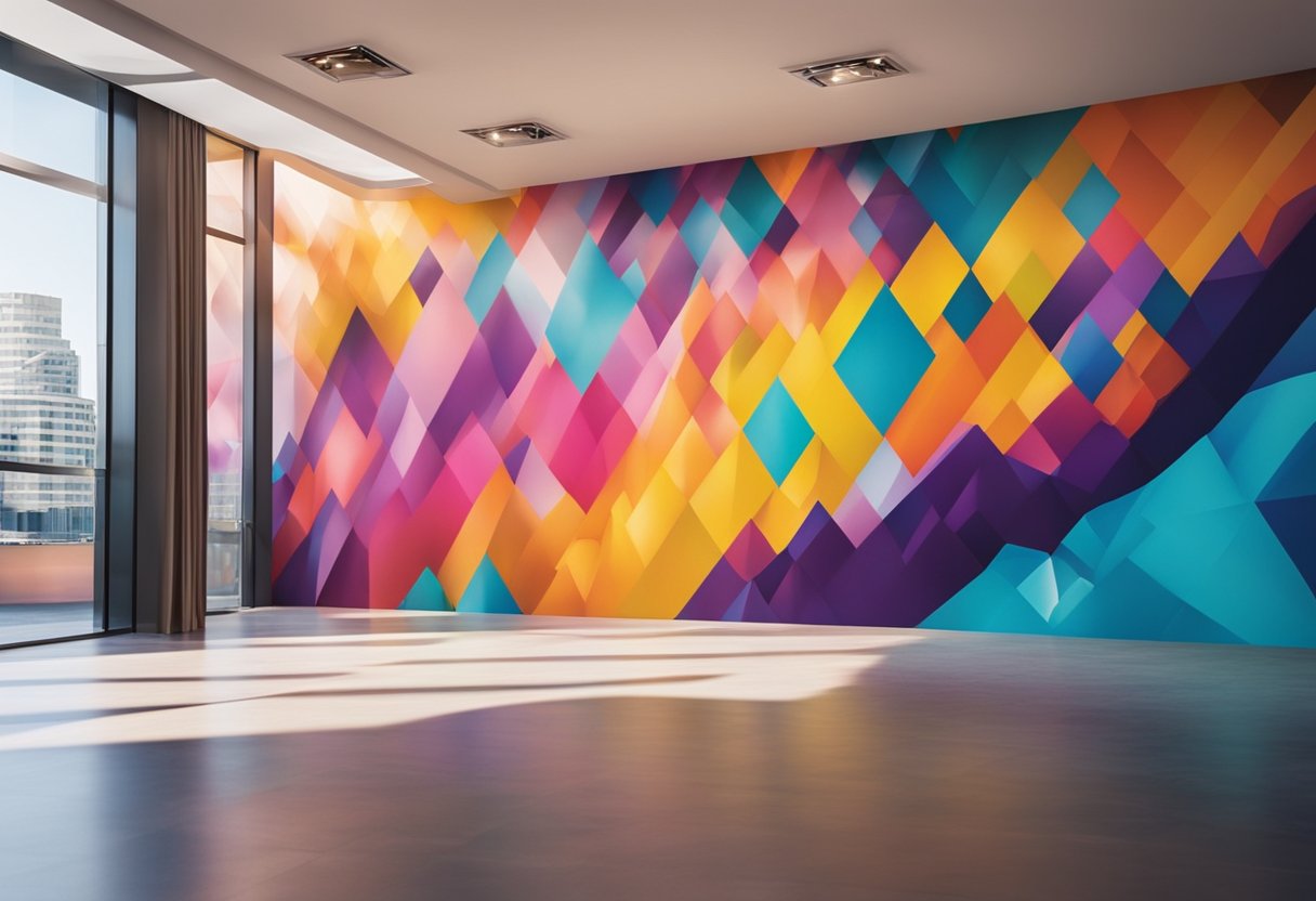 A vibrant mural on a wall, illuminated by natural light, casting colorful shadows and creating a bright and lively atmosphere
