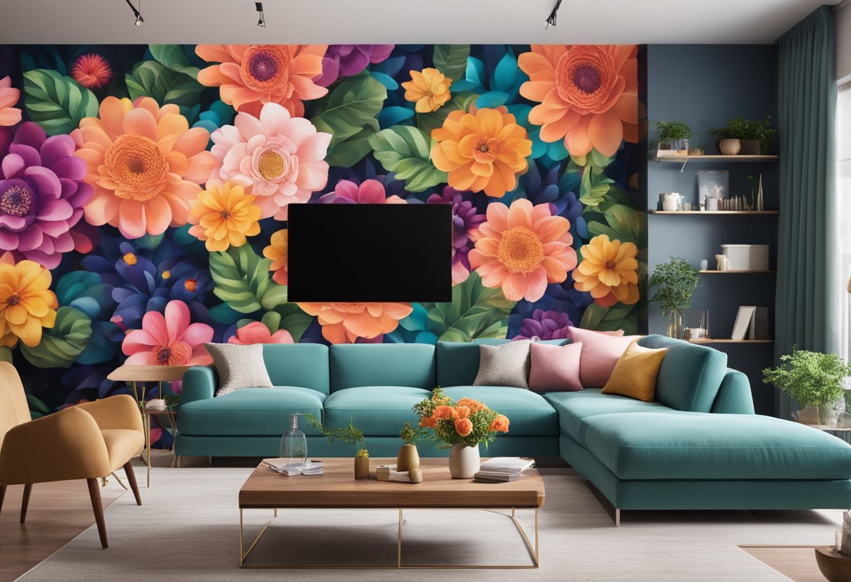 A cozy living room with a large, colorful floral mural covering one wall, adding a vibrant and cheerful atmosphere to the space