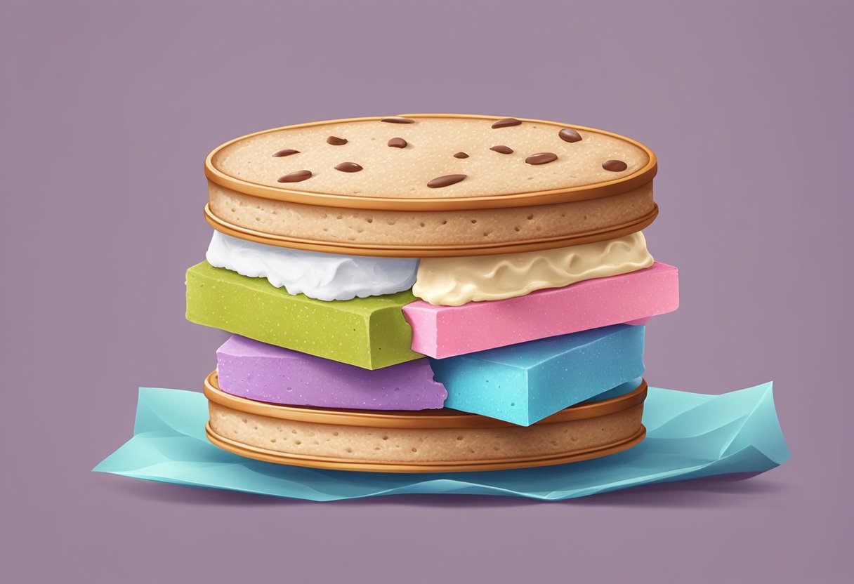 A colorful ice cream sandwich in Singapore, with a slice of bread and a scoop of ice cream in between, wrapped in a piece of colorful paper