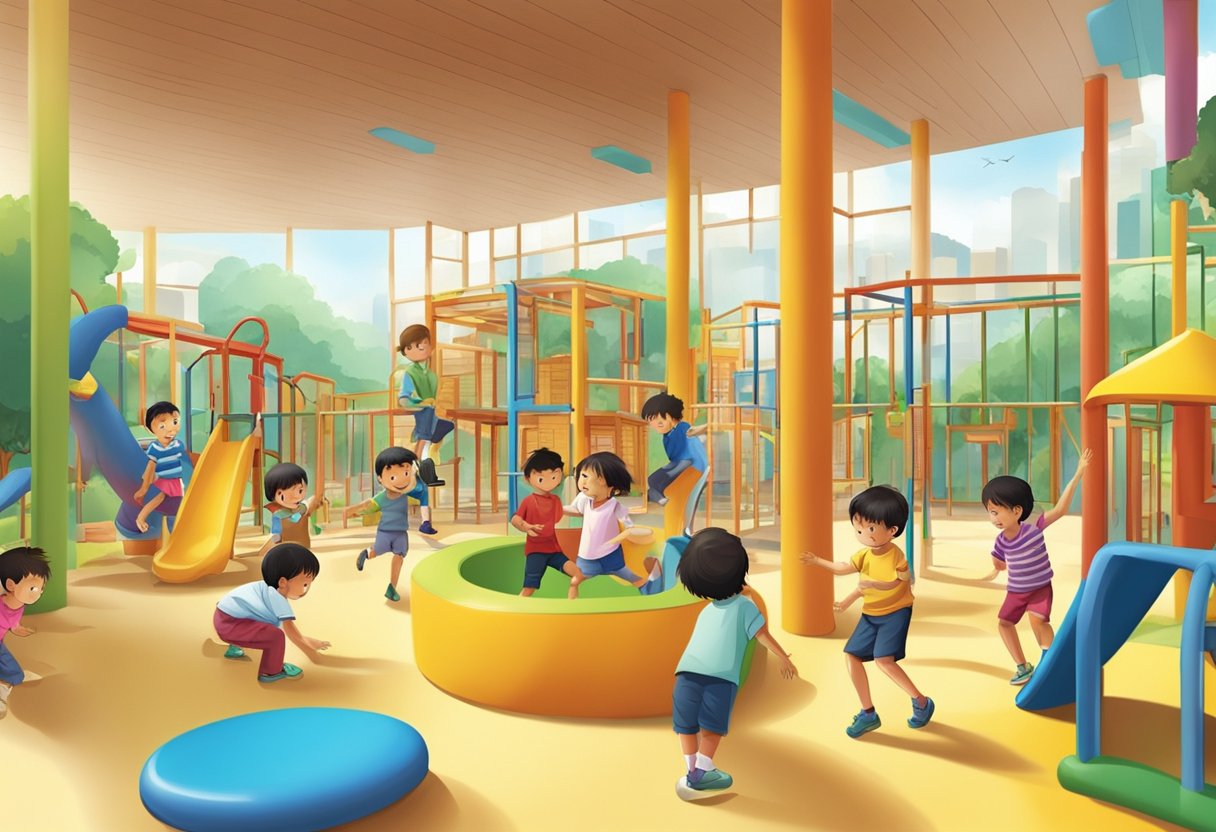 A group of children engage in various activities at the Singapore Children's Society, surrounded by colorful and vibrant play equipment