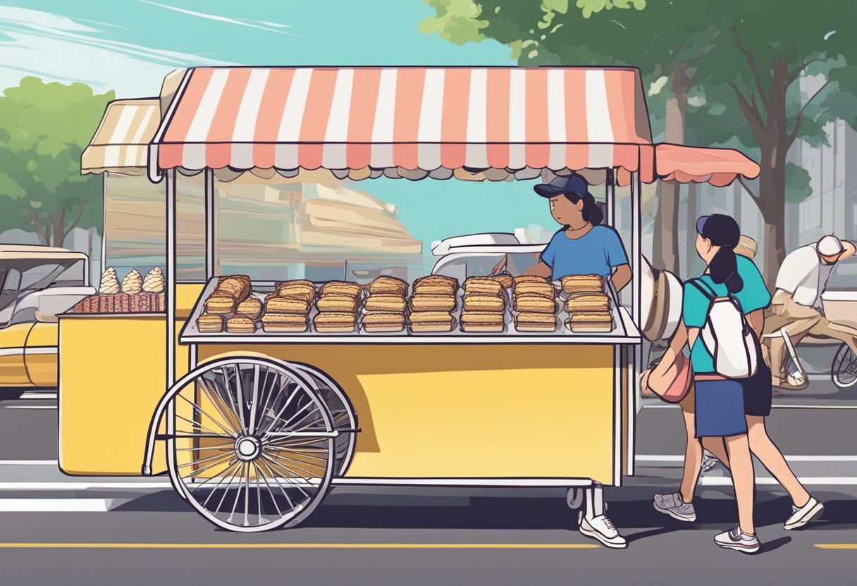 A colorful street vendor cart displays rows of ice cream sandwiches. Nearby, locals and tourists gather, eager to sample the iconic Singaporean treat