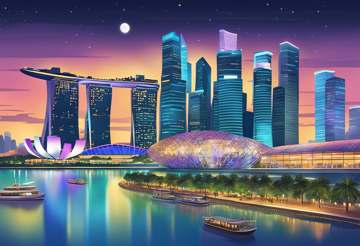 The bustling streets of Singapore come alive at night, with colorful neon lights illuminating the city skyline and reflecting off the calm waters of the Marina Bay