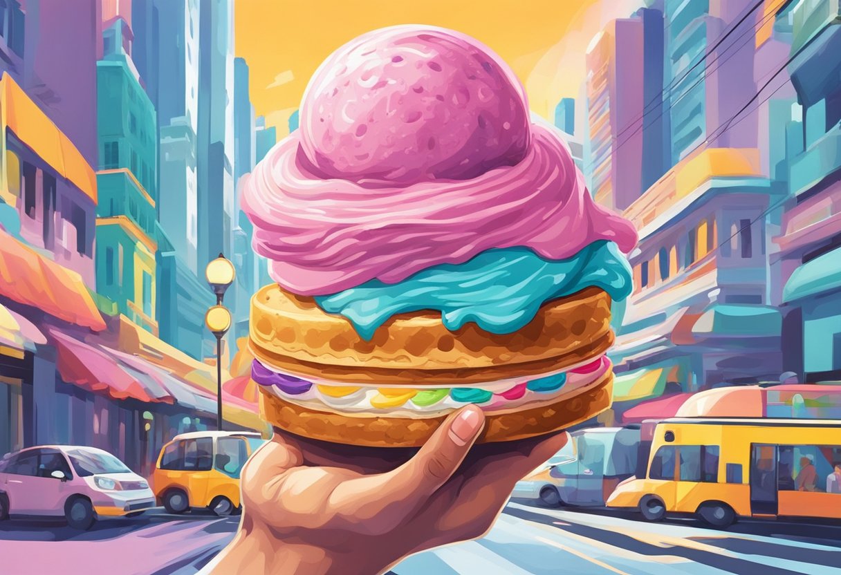 A hand holds a colorful ice cream sandwich against a backdrop of bustling Singapore streets. The vibrant colors of the ice cream and the surrounding environment create a lively and dynamic scene