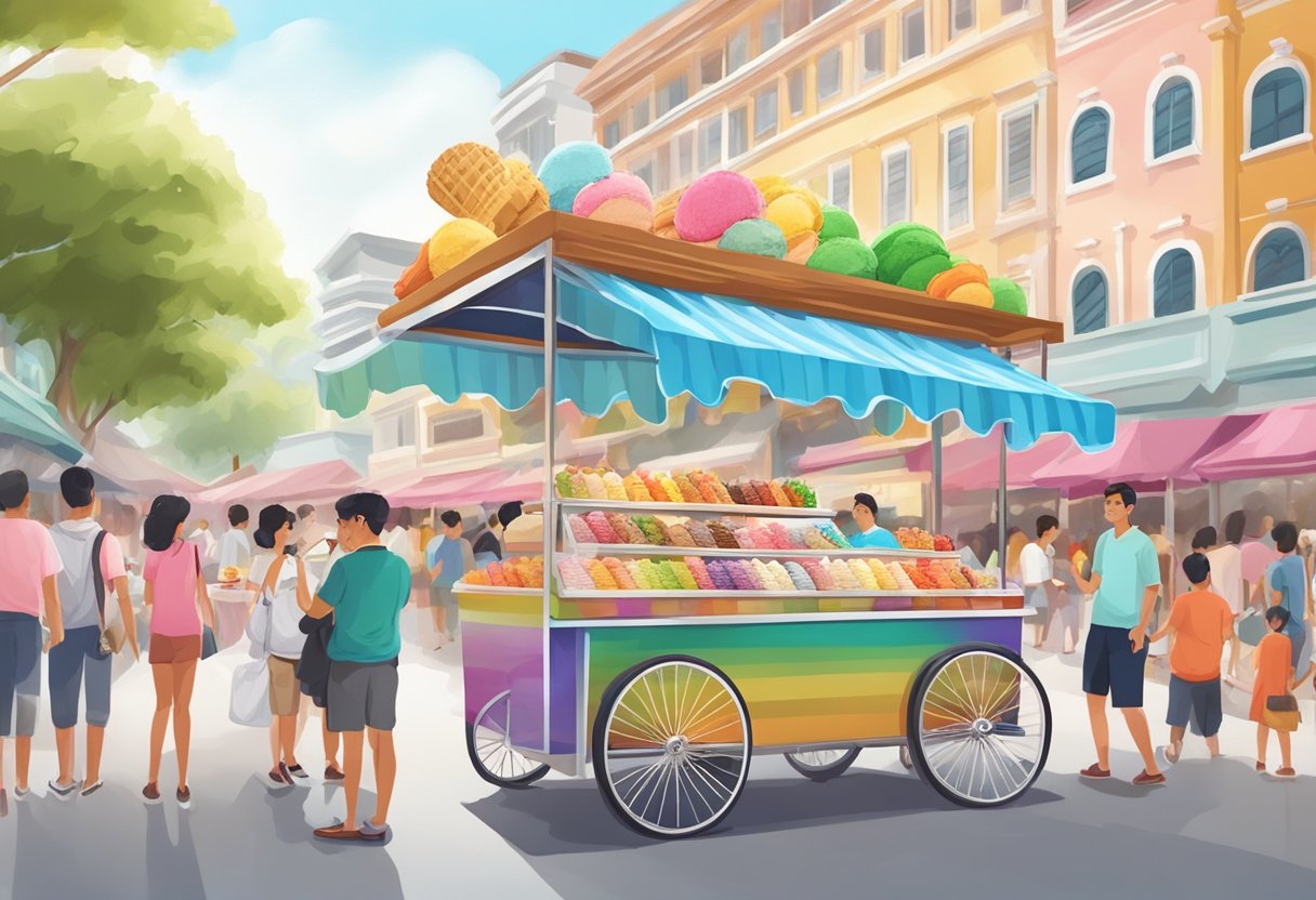 A colorful street cart with a variety of ice cream flavors, surrounded by eager customers in a bustling Singapore market