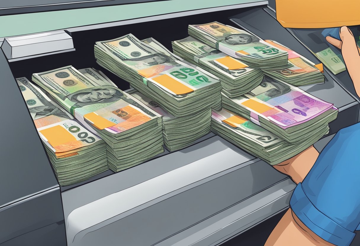 A stack of Singaporean dollars being converted into Indian rupees at a currency exchange counter