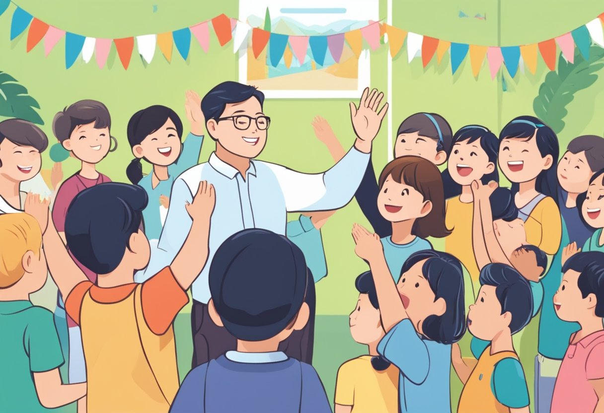 A group of children eagerly raising their hands while surrounded by adults answering their questions about the Singapore Children's Society