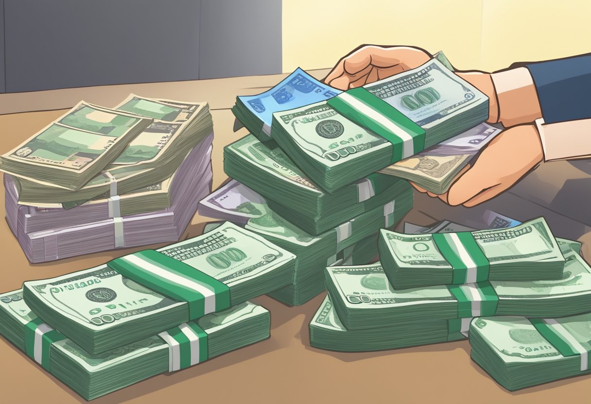 A stack of Singapore dollar bills being exchanged for a pile of Indian rupees at a currency exchange counter