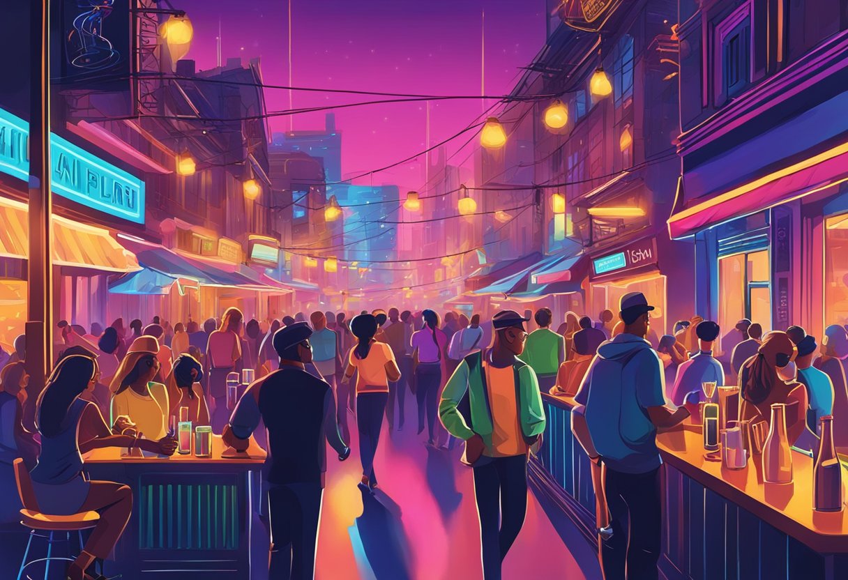 Colorful neon lights illuminate bustling streets, with people enjoying drinks and music at lively bars and clubs