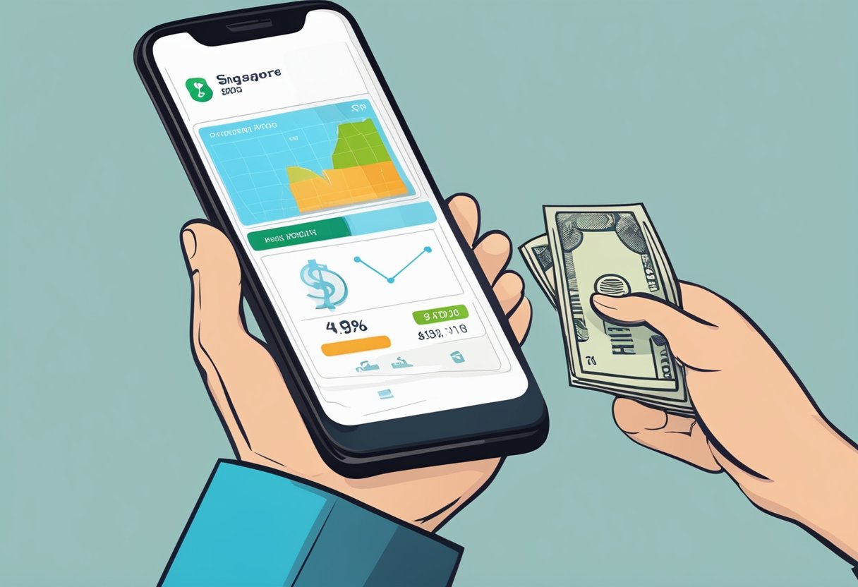 A hand holding a smartphone with a banking app open, showing a transfer from Singapore to Indian Rupees. The screen displays the currency conversion rate and transaction details