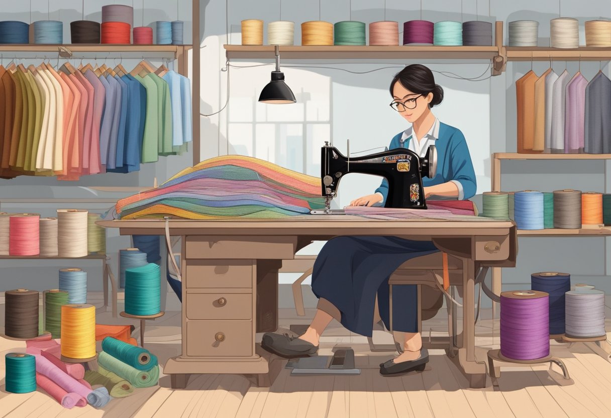 A tailor in Singapore meticulously measures and cuts fabric, surrounded by spools of thread and colorful swatches of material. Sewing machines hum in the background