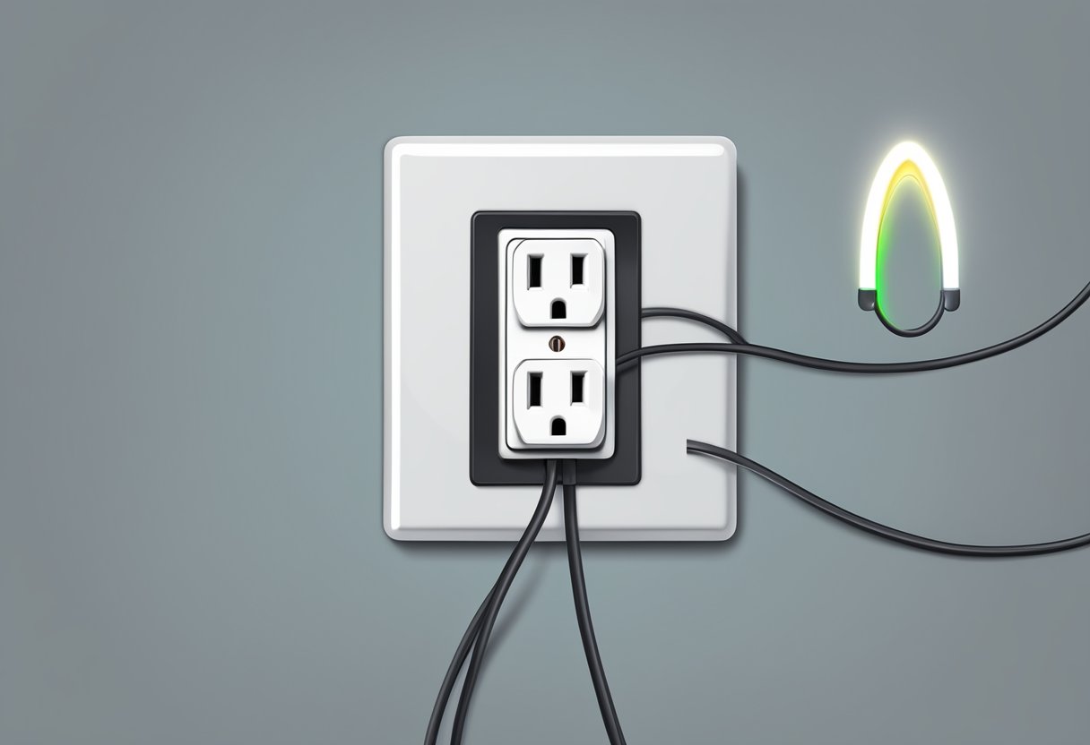 A glowing electrical outlet with a three-pronged plug inserted, indicating the standard 230V voltage used in Singapore