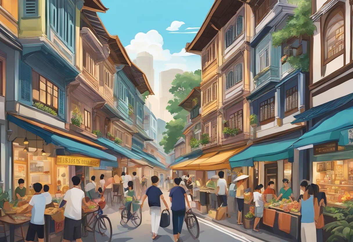 A bustling street in Tudor Singapore, with colorful shophouses and intricate architectural details. The air is filled with the sound of bustling activity and the aroma of street food