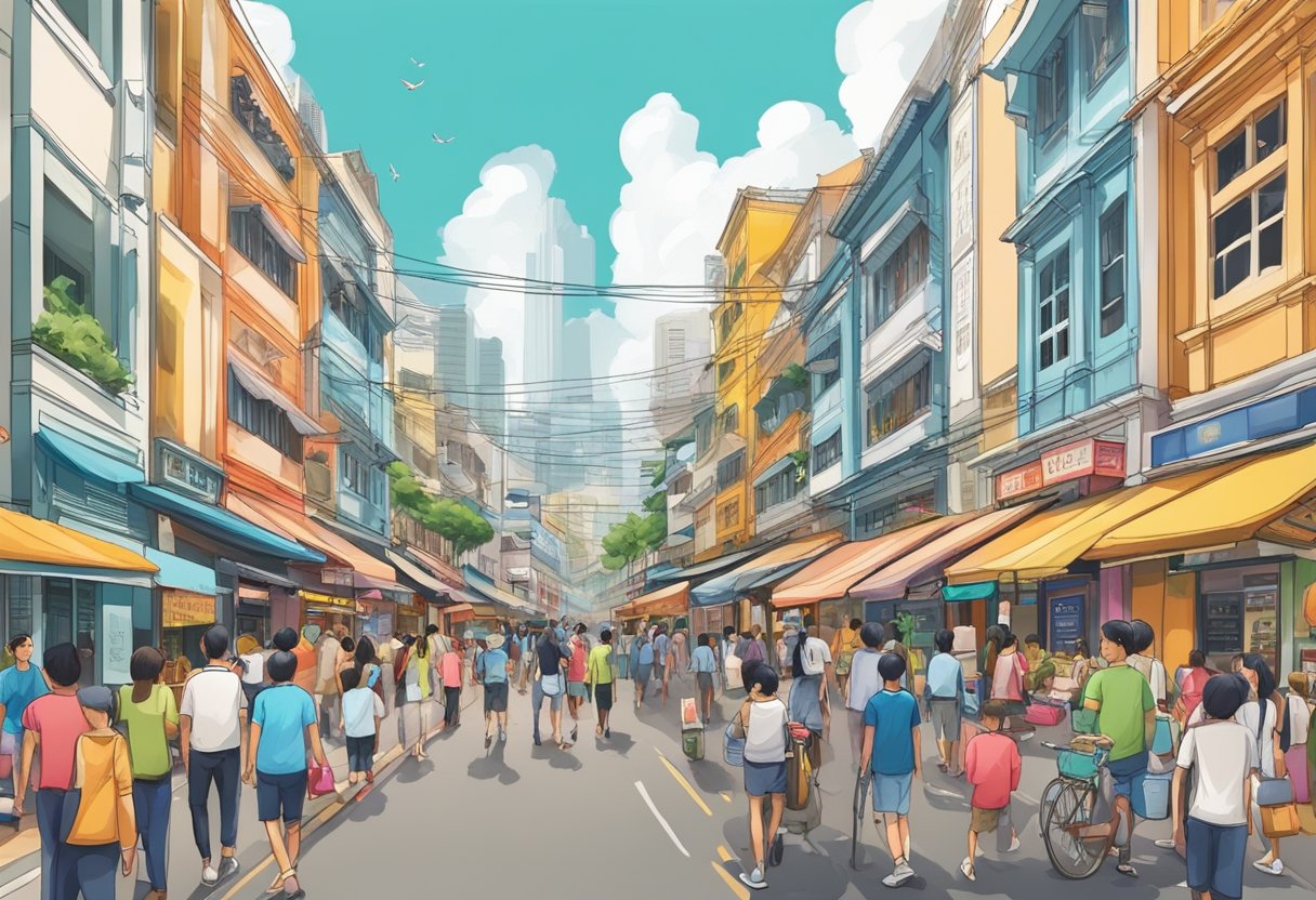 A bustling street in Singapore with colorful shopfronts and vibrant signs, bustling with people and filled with the sounds of traffic and chatter