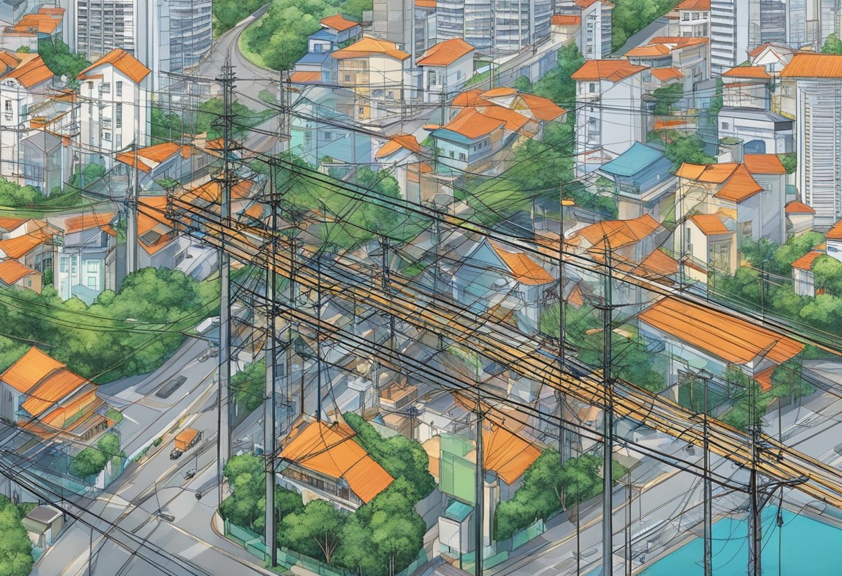 A network of power lines and transformers conveys electricity across Singapore's urban landscape. Voltage indicators and substations dot the city, ensuring a reliable electrical system