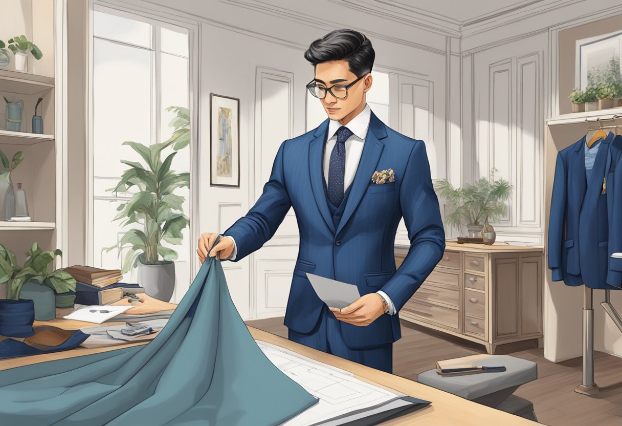 A tailor meticulously measures fabric, selects luxurious materials, and crafts a custom suit in a stylish Singapore atelier