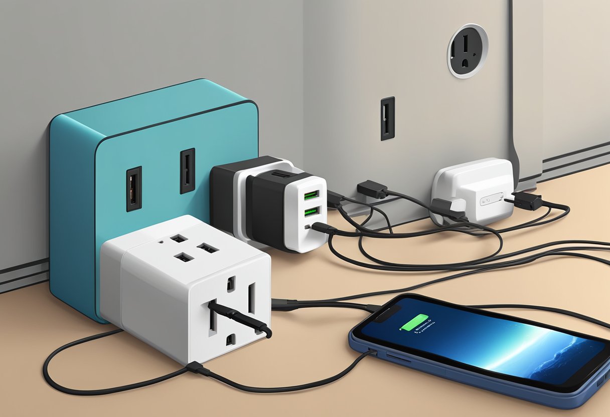 A universal power adapter plugged into a Singaporean power outlet with a variety of electronic devices charging nearby