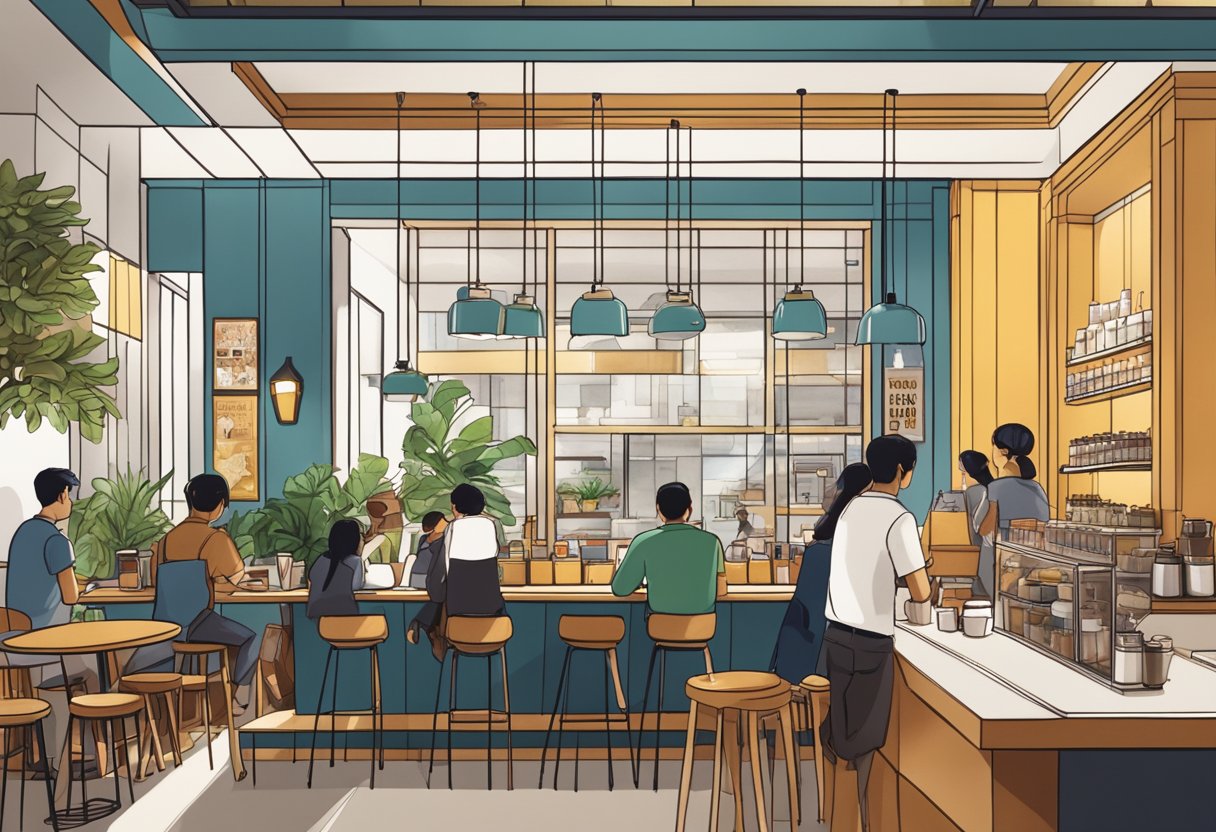 A vibrant coffee shop in Singapore, with sleek and modern interior decor, bustling with customers enjoying their freshly brewed Yahava Koffee