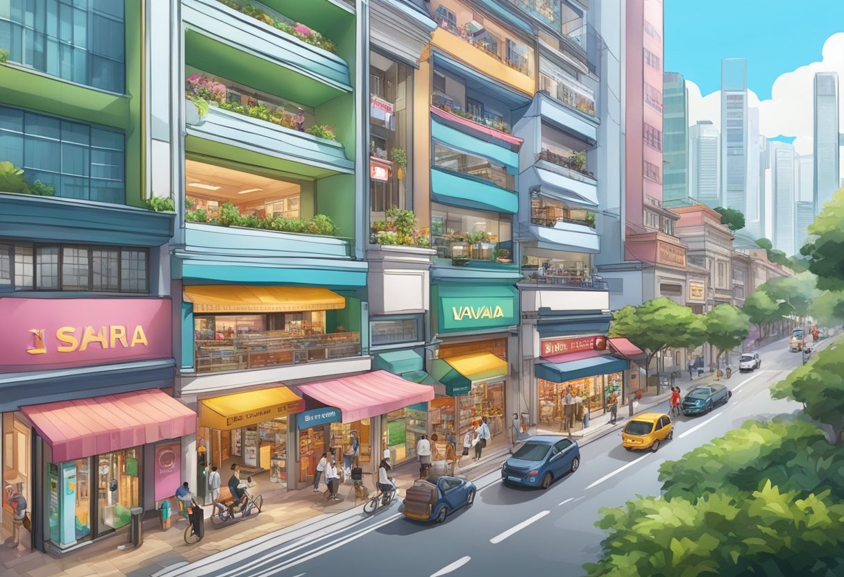 A bustling Singapore street with a prominent Vivaia store front, surrounded by vibrant city life and modern architecture