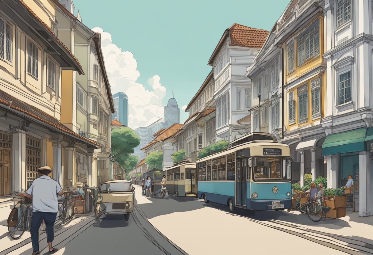 A bustling Singapore street lined with historic Tudor-style buildings, showcasing the city's rich history and heritage