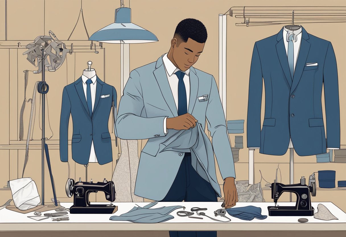 A tailor carefully measures a suit jacket on a mannequin, surrounded by bolts of fabric and sewing tools. A sign reads "Tailor Singapore."