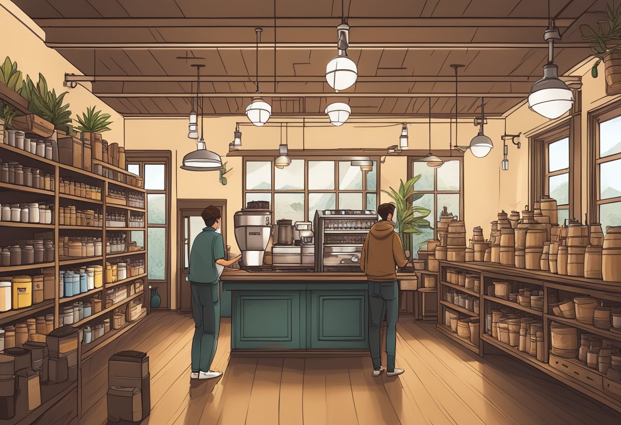 Customers explore Yahava Koffee Works, surrounded by shelves of coffee beans, brewing equipment, and the aroma of freshly roasted coffee