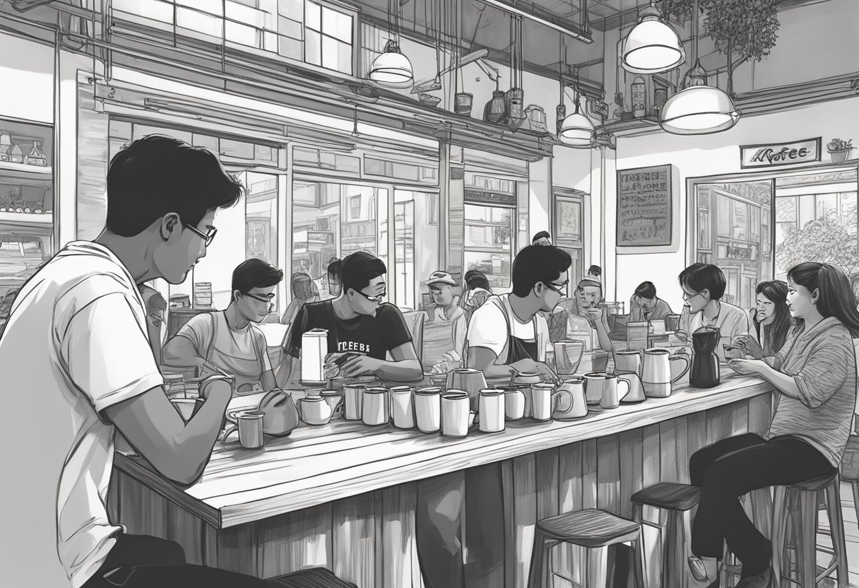 The Koffee Community gathers at Yahava Koffee Works in Singapore. The vibrant atmosphere is filled with the aroma of freshly brewed coffee and the sound of lively conversations